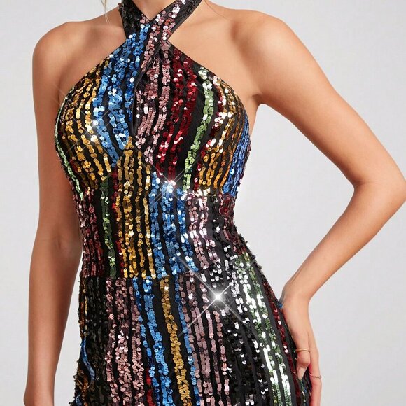Rainbow Multicolor Sequin Party Halter Neck Women's Jumpsuit - Picture 7 of 7